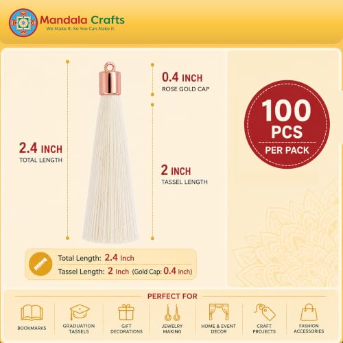 Image of Mandala Crafts Small Rose Gold Tone Cap Cream Bookmark Tassels with Loops | 100 PC, Machine Washable, Polyester, Mini, for Crafts Jewelry Making Graduation Decorations Keychains Gift Tags & Ornaments