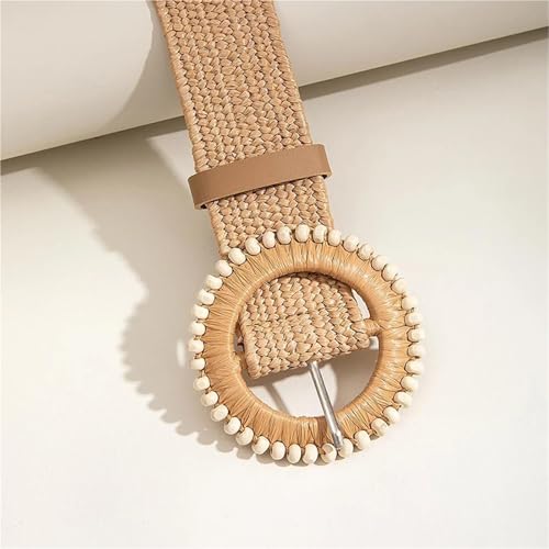 Straw Boho Belt Women Round Buckle Straw Belt for Beach Ellipse Buckle Bead Decor(107cm,Khaki)3