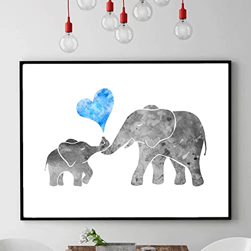 Zlkapt Watercolor Grey Baby Boy Elephant With Mom Art Print Painting Wall Art Blue Love Heart Cute Picture Kids Room Decor Nursery 8X10 Inches No Frame (8X10 Inches) #TOP4