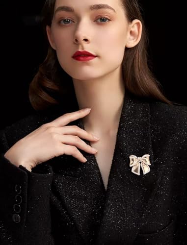 Image of 14k Golden Plated Bow Knot Lapel Brooch Pin Cultured Pearl Ribbon Bow Pins Clip Sweater Dress Suit Clothes Accessories Brooches Pins Fashion Christmas Birthday Jewelry Gifts for Women Girls Decor