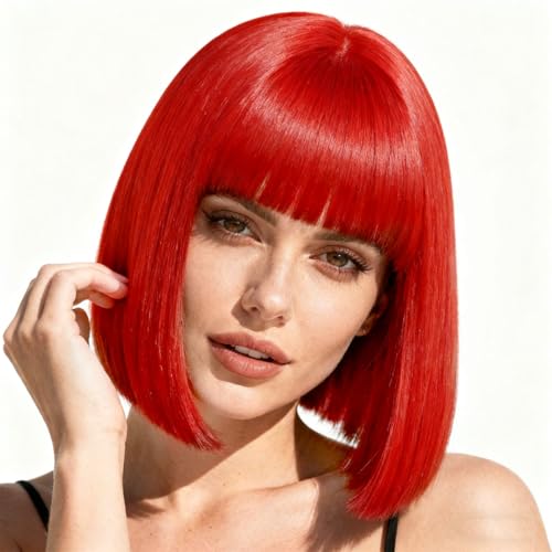 Image of Rose bud Red Wig Bob Straight 12 Inch Short Hair Cosplay Wigs for Women Costume Party Halloween