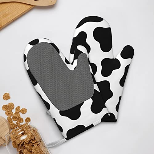 Cow Print Oven Mitts Black And White Silicone Gloves Kitchen Mittens Heat Resistant Non Slip Oven Mitts For Bbq Grilling Baking, 1 Pair #TOP7