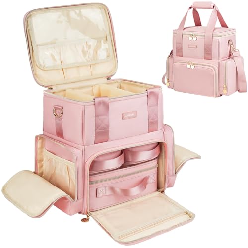 Jaffzora Extra Large Makeup Bag,4 in 1 Cosmetic Storage Organizer Travel Case with 3 Detachable Pouches and Dividers,Pink