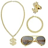 4 Stück Dollar Kette Set, Hip Hop Hop Rapper Zubehör, Hip Hop Dollar Halskette, Hip Hop Kostüm Set, Goldkette, Sonnenbrille, Goldring, Dollar Anhänger Kette, Cooler Look für Karneval