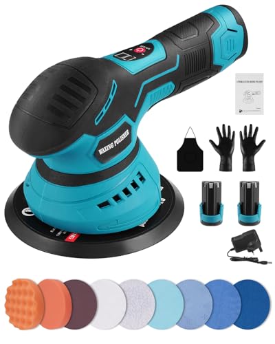 Pulidora de batería para coche, pulidora excéntrica con 2 baterías, 8 velocidades variables, 2500 – 5500 prm, juego de 14 máquinas pulidoras para el cuidado del coche/pulidora/detalles del coche