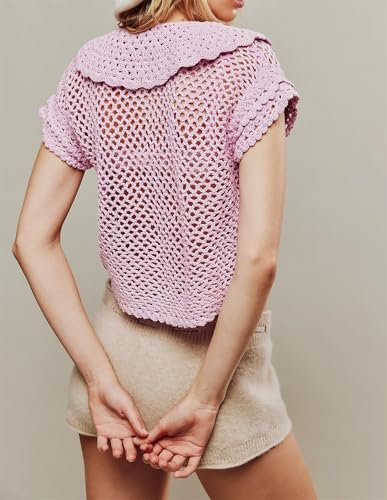 LifeShe Hollow Out Cropped Crochet Tops for Women Summer Short Sleeve Open Knit Sweaters Button Down Vest2