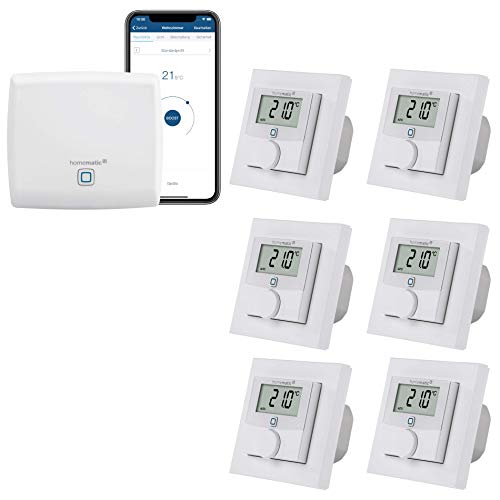 Homematic IP kabelgebundene Fußbodenheizungssteuerung zur Einzelraumregelung in 6 Räumen. Inhalt: Access Point und 6 Digitale Raumthermostate mit Schaltausgang. Mit App und Alexa kompatibel.