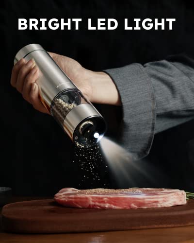 Forlim Rechargeable Electric Salt And Pepper Grinder Set - Automatic One-Handed Operation Mill With Light (2 Mills) - Electronic Adjustable Shakers - Ceramic Grinder- Gorgeous Silver #TOP4