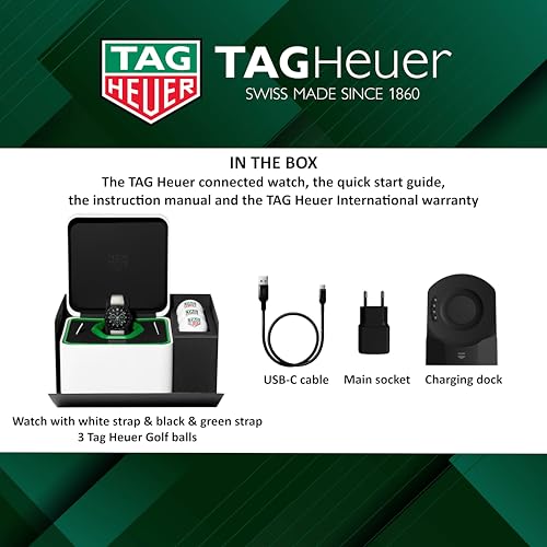 TAG Heuer Smart Watch, Fitness Watch, Connected Calibre E4 42 mm Golf Edition, Touch Screen, Waterproof, Calls, SMS, Steps, Heart Rate, Wellness, Titanium, White Or Black/Green Straps, SBR8080.EB02843