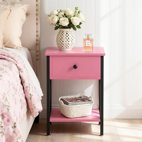 Image of VECELO Nightstand,Modern Bedside End Table, Night Stand with Drawer and Storage Shelf for Living Room Bedroom, Industrial Metal Frame