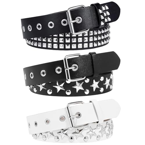 3 Pcs Black White Star Belt Studded Y2K Belt Punk Rock Belts with Grommet Threads Bright Metal Pyramid Gothic Belts for Women Men