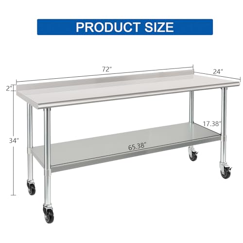 Image of HARDURA Stainless Steel Table 24 x 72 Inches with Wheels Casters NSF Heavy Duty Commercial Prep Table with 2 inch Backsplash and Adjustable Undershelf for Restaurant Kitchen Home and Hotel