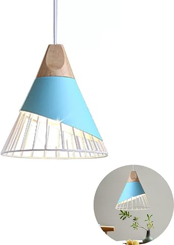 Modern Simple Pendant Lighting Creative Metal Pendant Lamp Solid Wood Cone Shape Adjustable Hanging Lights Cage Horn Chandeliers for Dining Rooms 1 Bulb Ø25CM (Blue) [Energy Class A+]