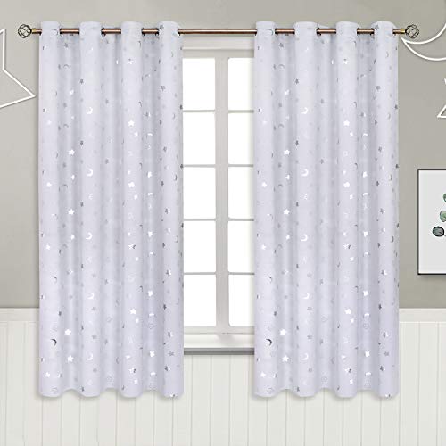 Image of BGment Kids Blackout Curtains for Bedroom 63 Inch Long 2 Panels, Star and Moon Girls Decor Room Darkening Drapes for Nursery Baby Room, Greyish White, 52X63