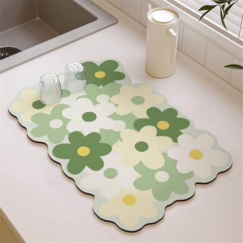Highdi Tappetino Scolapiatti Assorbente, Tappetino Macchina Caffe Asciugatura Rapida, Antiscivolo Tappetino Scolapiatti Lavello per Bar, Club, Cucina, Caffetteria (30x40cm,fiori verdi 1)