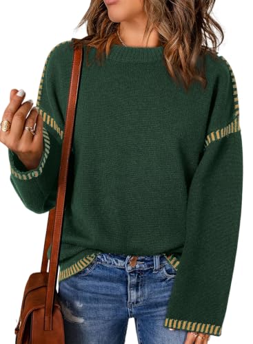Image of Dokotoo Sweaters for Women Crewneck Long Sleeve Contrast Cable Knit Tops | Early Fall Fashion, Solid Loose Fit Pullover Sweaters, Oversized Stitching Fall Clothes Outfits, Winter Clothing for Women