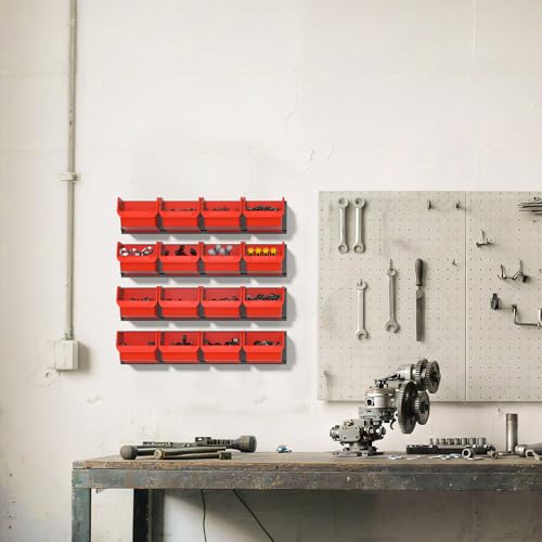 Wall-Mounted-Storage-Bins-Plastic-Hanging-Storage-Organizer-Bins-Garage-Tool-Storage-System-for-Screws-Nuts-Bolts-Nails-and-Small-Hardware-Parts-16x-bins-4-x-Rails-Orange