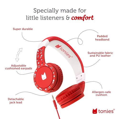 Image of Tonies Foldable Wired Headphones for Kids - Comfortably Designed to fit On-Ear - Works with Toniebox and All 3.5mm Devices - Red