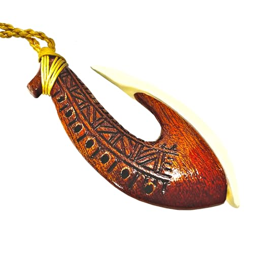 Hawaiian Jewelry Handmade Tattoo Koa Wood and Buffalo Bone Hawaii Fish Hook Pendant Necklace2