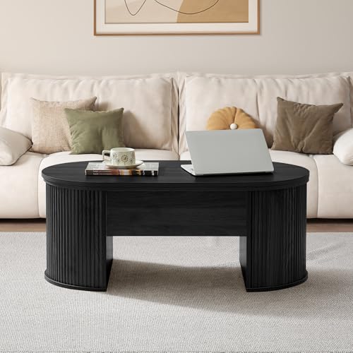 Image of QHITTY Fluted Coffee Table with Lifting Top, Oval Wood Lift Top Coffee Table with Hidden Compartment, Mid Century Pull up Center Tables for Living Room, Office - Black