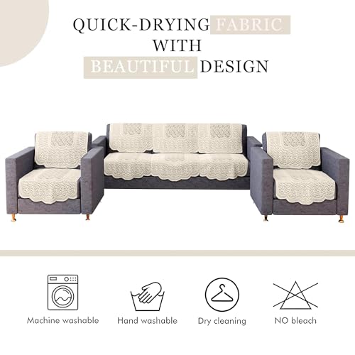 Image of Kuber Industries Sofa Cover | Net 5-Seater Sofa Cover | Sofa Slipcover for Living Room, Home Decor | 10 Pices | Zig Zag Print-Cream