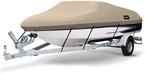 MSC Heavy Duty 600D Marine Grade Polyester Canvas Trailerable Waterproof Boat Cover,Fits V-Hull,Tri-Hull, Runabout Boat Cover (Model C - Length:16'-18.5' Beam Width: up to 94", Beige)