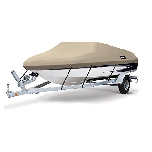 MSC Heavy Duty 600D Marine Grade Polyester Canvas Trailerable Waterproof Boat Cover,Fits V-Hull,Tri-Hull, Runabout Boat Cover (Beige, Model D - Length:17'-19' Beam Width: up to 96")