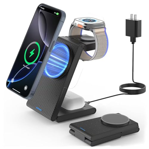 Image of Wireless Charger Magnetic for Apple Devices - JoyGeek 3 in 1 Foldable Charging Station for Magsafe Compatible with iPhone 16 15 14 13 12 Pro Max Plus, Apple Watch 10 9 8 7 6 5 4 SE, AirPods 4 /3 /2 /Pro