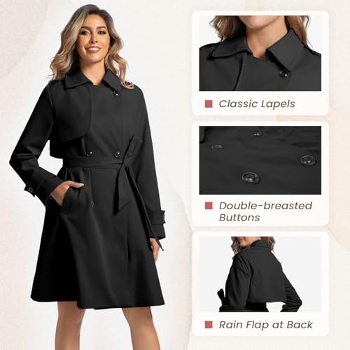 Women's Long Trench Coats Classic Double Breasted Jackets Water Resistant Turn Down Collar Belted Jacket4