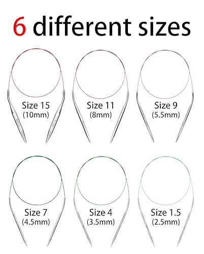 Image of Circular Knitting Needles Set 6 Pairs 40 Inch (100 cm) Stainless Steel Round Needles for Magic Loop Sizes 15 11 9 7 4 1.5 Long Cable for Blankets Sweaters Scarves for Beginners & Knitters