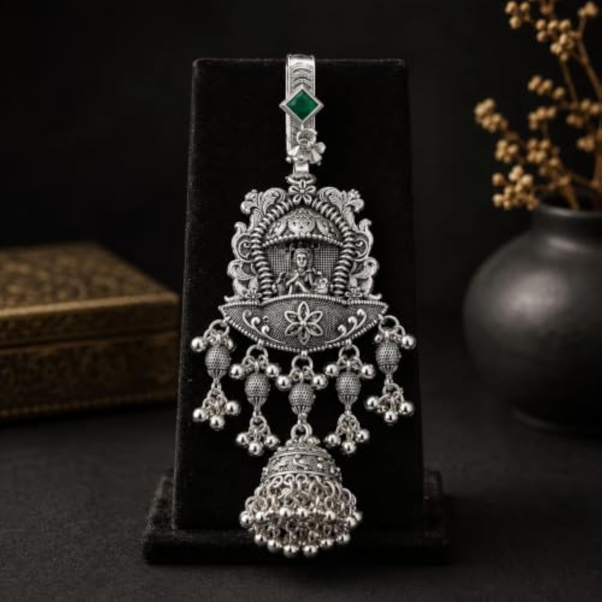 Traditional Indian Oxidised Silver-Tone Pendant with Green Stone