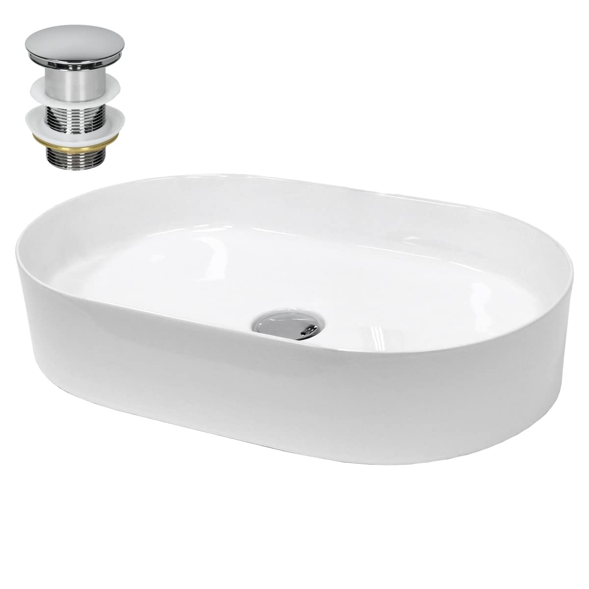 LuxeBath Waschbecken Keramik 605x380x125 mm oval Weiß mit Ablaufgarnitur Silber, Aufsatzwaschbecken für Badezimmer/Gäste-WC, Modernes Aufsatzbecken, Waschtisch Waschschale Waschplatz Handwaschbecken