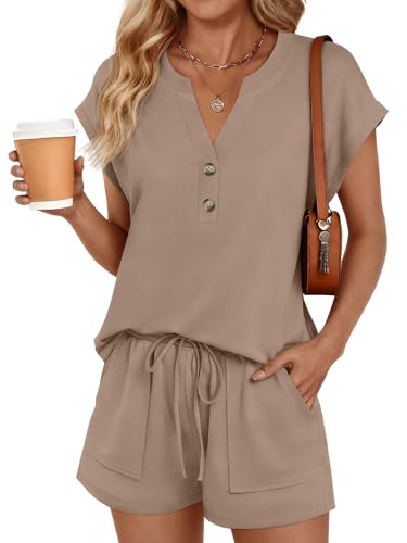 LILLUSORY Womens 2 Piece Summer Short Sets 2026 Vacation Spring Beach Matching Airport Travel Outfits Lounge Wear Sweat Suits Dark Khaki M