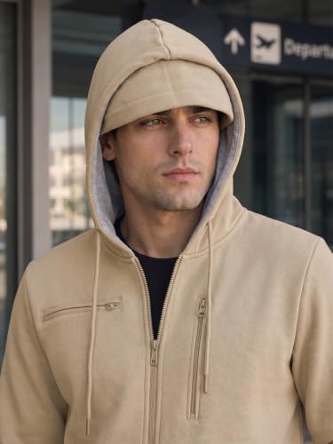 Image of NOBERO Travel Hoodies for Men|Cotton Fleece Solid Hooded Full Sleeve Sweatshirt|15 Utility Features,Tab & Drinks & earphones Holder,Charger & Sunglass Pocket, Microfiber Cloth,In-Built Gloves,Eye Mask