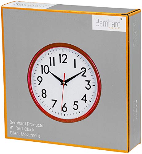 Bernhard Products Red Wall Clock 8" Retro Kitchen Silent Non-Ticking Quality Quartz Battery Operated Round Clock For Office Classroom Bedroom Bathroom Easy To Read #TOP6