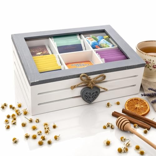 MC Trend Teebox für Teebeutel und Tee in Papier aus Holz in weiß & grau 22 cm mit Herz Anhänger...