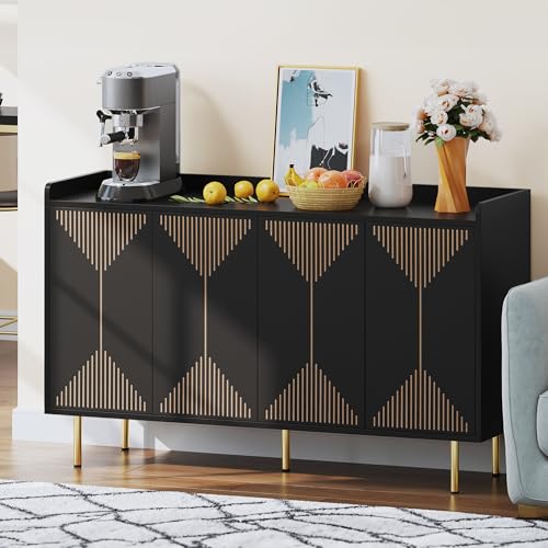 DWVO 55" Kitchen Storage Cabinet with Carved Design Door, Adjustable Shelves, Modern Sideboard Buffet Cabinet with Storage for Hallway, Kitchen or Living Room, Black