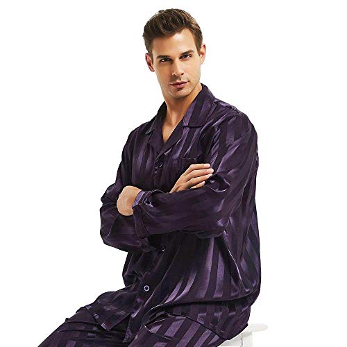 Vêtements De Nuit Homme - Ensemble De Pyjamas En Satin De Soie Pour Hommes, S ~ 4Xl, Plus La Taille Lang Manches Avec Ceinture Élastique Pantalon Bouton Vêtements De Nuit, Vêtements De Jogging Dou Cover