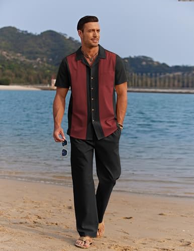 Image of COOFANDY Men 2 Piece Linen Outfit Beach Button Down Shirt Casual Loose Pant Sets