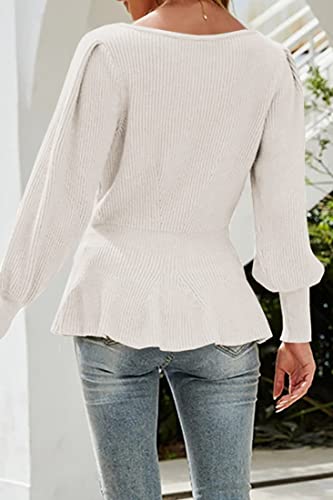 Image of Womens Fall Puff Sleeve Peplum Casual Slim Fit Knit Pullover Sweater Jumper Tops