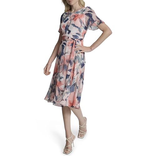 Image of DKNY Women's Flutter Sleeve Round Neck Waist Tie Midi Dress