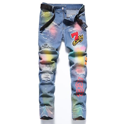 Men's Ripped Street Bike Jeans Denim Pants for Men Straight Slim Fashion Hole