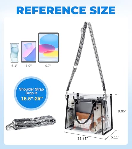 Image of Clear Tote Bag Stadium Events Transparent Clear Purse for Women Thick PVC Shoulder Bag with Guitar Strap for Concert