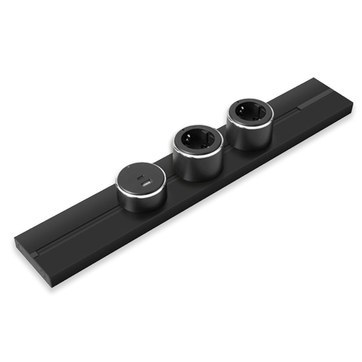 Ciabatta elettrica con 2 prese Schuko e 1 presa di ricarica USB-A/C, sistema di guida