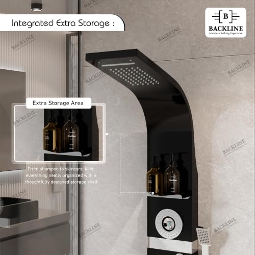Image of Backline shower panel | 7 In 1 Shower System 304 Grade Stainless Steel | Shower With Storage Shelf, LED Rainfall Shower,Hot & Cold Adjustable,Massage Spray,Hand Shower & Water Spout