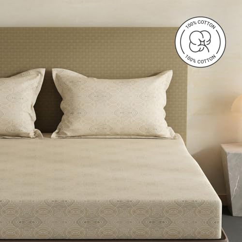 Image of Layers 100% Cotton Bedsheet for King Size Bed | Lumina Floret Collection | 144 TC Soft & Breathable | Printed with 2 Pillow Covers | Wrinkle Free & Colorfast | 3 Piece Bedding Set - Beige