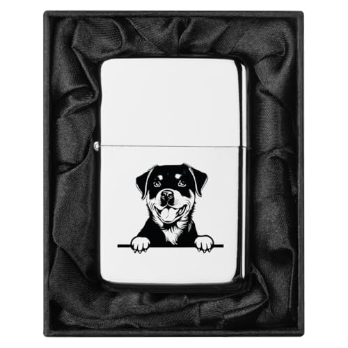 Encendedor en caja de regalo negra con perro Rottweiler