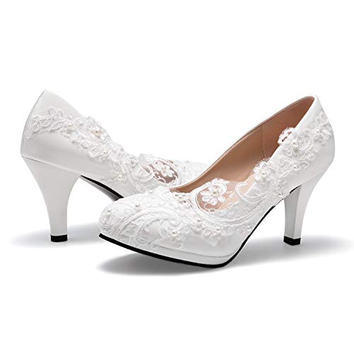 Bridal Wedding Shoes Closed Toe Dress Pumps Stiletto Heel with Stitching Lace3