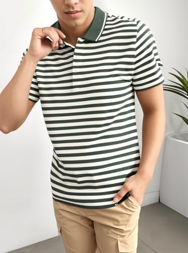 Image of Mack Jonney Men's Striped Cotton Rich Collar Neck T Shirt | Collar Tshirts | Half Sleeves | Striped-Regular Fit-MM485-nw