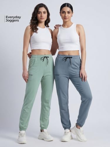 Image of Fflirtygo Cotton Solid Joggers /Track Pant /Solid Pajama /Leggings �100% Export Quality Soft Cotton Night Wear /Pocket Pyjama for Women Combo Pack of 2Pcs, Blue and Grey